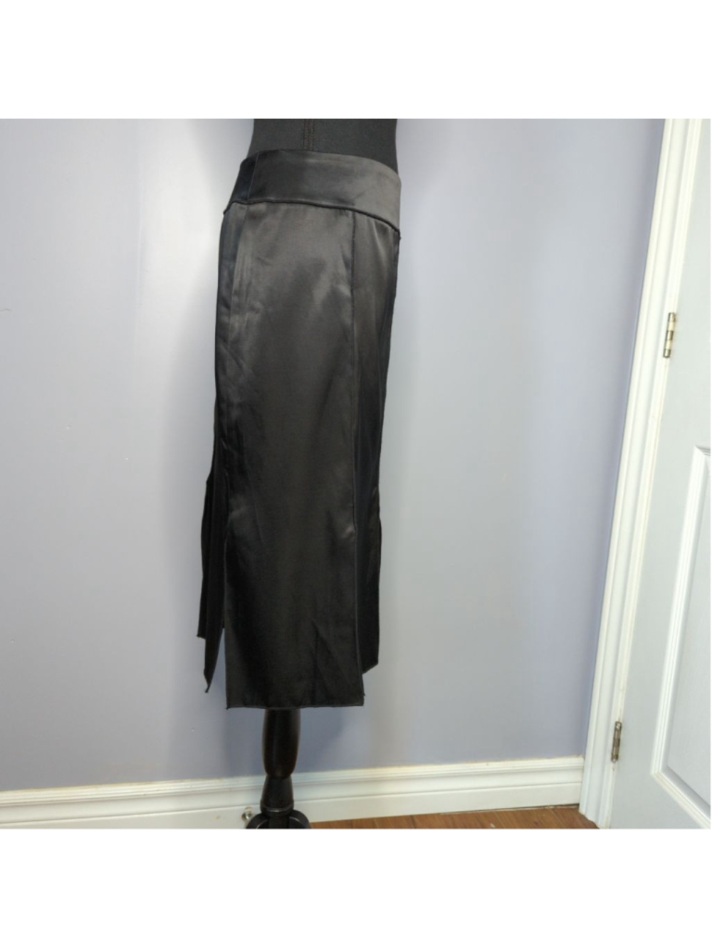 Vtg Nira Nira Black Satin Car Wash Panel Midi Skirt Sz 10 90s Goth Witchy - Picture 12 of 15